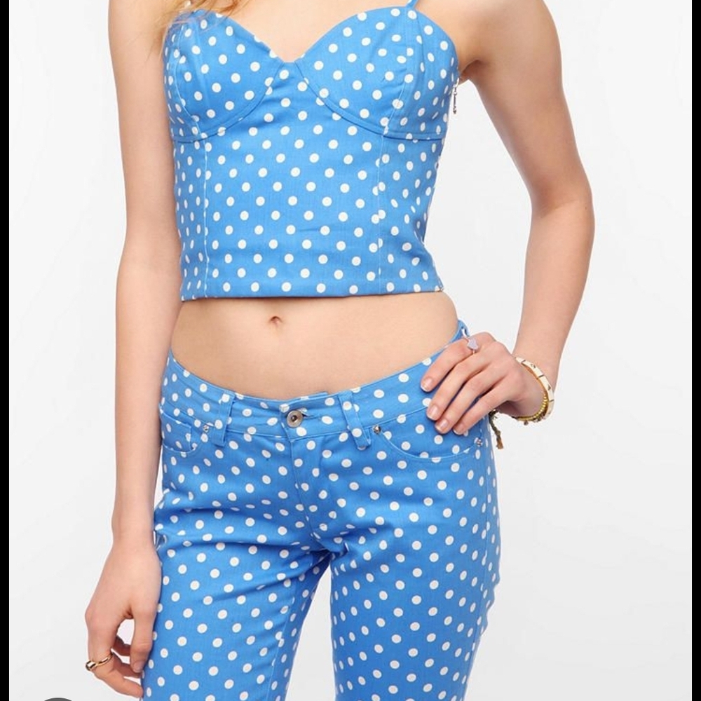 Blue Polka Dot Crop Bustier Top and Pants Set